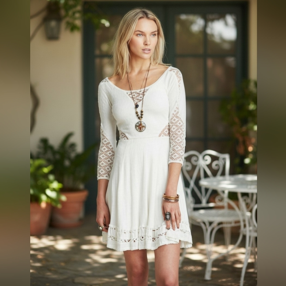 Free People To the Point Dress Snow Cut Out Lace White Seductive Bohemian Fall